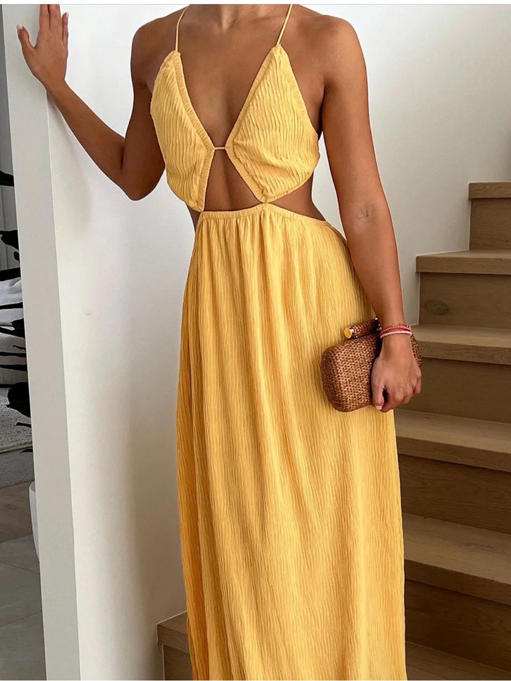 Yellow Cutout Maxi Dress with Spaghetti Straps sabo